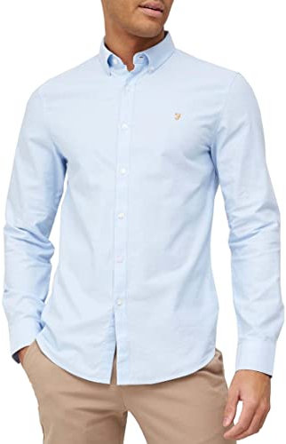 Farah - Men's Shirt, Brewer Slim Fit, Organic Cotton, Indigo Oxford Shirt, Casual-Style Shirt, Sky Blue, XL