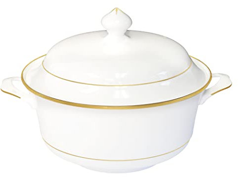 Bone China Soup Tureen with lid, 2.97QT, Gold Rim, Big Soup Bowl, 2pc set, Serveware, Big Serving Bowl, Elegant Ceramic/Porcelain, White, Translucent, Modern, Simple and resistant, Greeting dinnerware