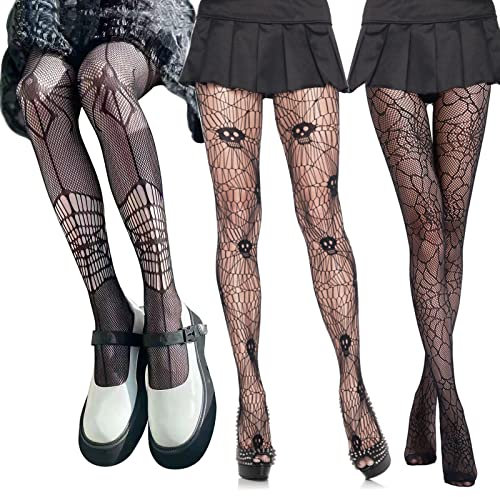 3 Paar Halloween Fischnetz Strumpf,Sexy Strümpfe Für Frauen,Schwarze Netzstrumpfhose Totenkopfmuster Strumpfhose Spinnen Hexen Spinnennetz,Halloween Accessoires Damen,Schwarz,One Size (Stil-B)