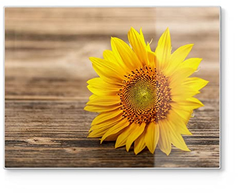 DEQORI Schneidebrett aus Glas | groß 40x30 cm | Motiv Sonnenblume auf Holz | Design Schneideplatte für Küche | Frühstücksbrett antibakteriell & rutschfest | Glasplatte & Servierplatte