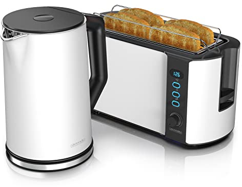 Arendo Ensembles Bouilloire et grille-pain en SET Bouilloire en inox 1,5L 40°-100°C, Grille-pain 4 Tranches Ecran LED 6 niveaux de brunissage support viennoiserie grille pain, Blanc Mat