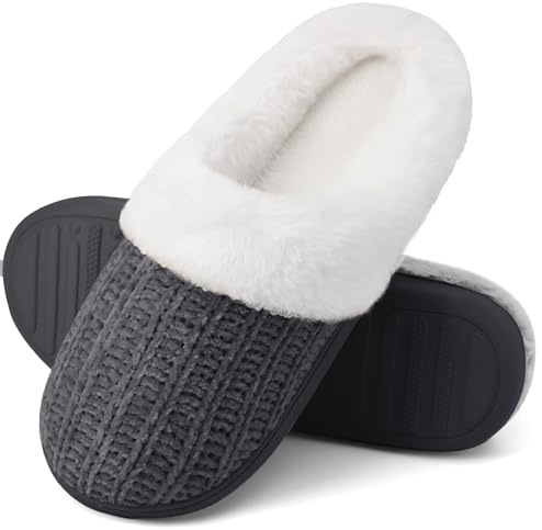 shoeslocker Women's Memory Foam Fuzzy Slippers Knit house shoe for Women Comfy Wool-Like Lined Slippers Indoor Outdoor grey size 8