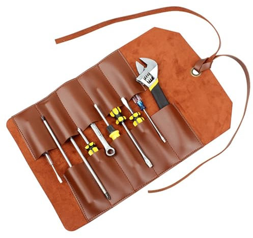 Niuhong Werkzeugrolle Schraubenschlüssel Taschen Aufrollen Elektriker 10 Fächer Leder-Rolltasche Werkzeugrolltasche Einsteckensfächer Tranchiermesser Werkzeug Rolltasche Stechbeitel Hämmer (braun)
