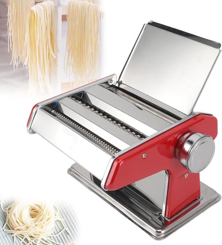 QIeAny 6-Level Dough Thickness Noodle Machine, Hand-Operated Noodle Cutting Machine with Fixed Base, 2-2.5/4/9mm Noodle Width + Stainless Steel Body + Anti-Slip Feet, for Pasta/Dumpling Wrappers,Red