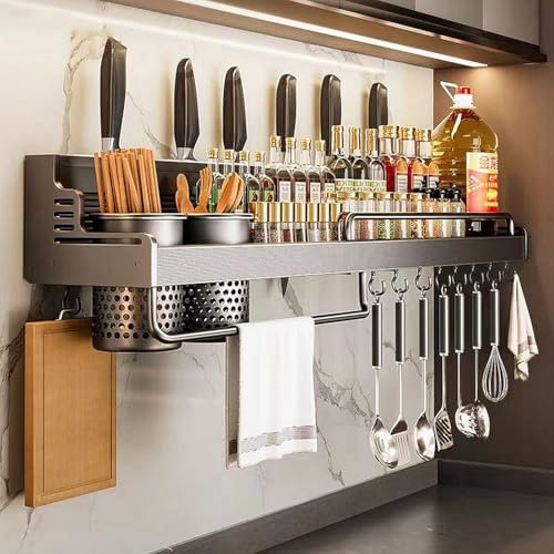 Support mural pour fourchette et couteau en acier au carbone - Multifonctionnel - Pour ustensiles de cuisine, épices et condiments - Avec barre porte-serviette et crochets mobiles