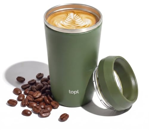 TOPL To Go Coffee Cup – Insulated Travel Coffee Mug with 360° Leak‑Safe Lid, Stainless Steel Coffee Tumbler for Hot/Cold, Spill‑Resistant, BPA‑Free - Olive, 12 oz