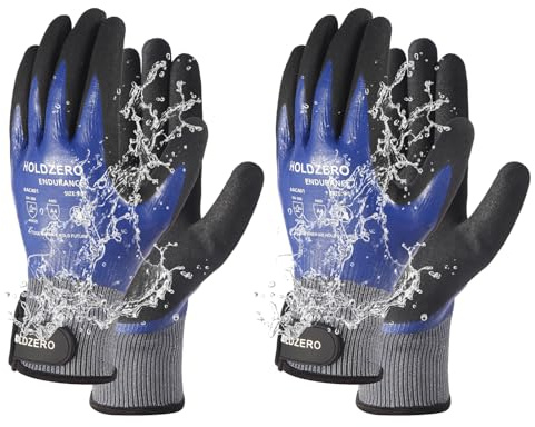 HOLDZERO Nitrile Fully Coated Work Gloves Abrasion Cut Resistant Waterproof 2 Pairs A4 Protection Superior Comfort Medium Blue