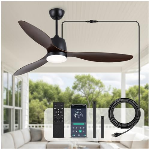 Kinyaras - Ventilador de techo para exteriores con luz: 52 pulgadas, impermeable, con mando a distancia, motor CC silencioso reversible de 6 velocidades, 3CCT, para patio, porche, pérgola