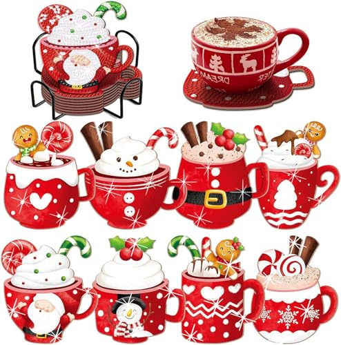 8 Stück Diamond Painting Untersetzer Weihnachten DIY Set für Kinder Erwachsene Basteln,Weihnachten Geschenk,Weihnachtsdeko Tisch fur Tassen,Vasen,Kerzen