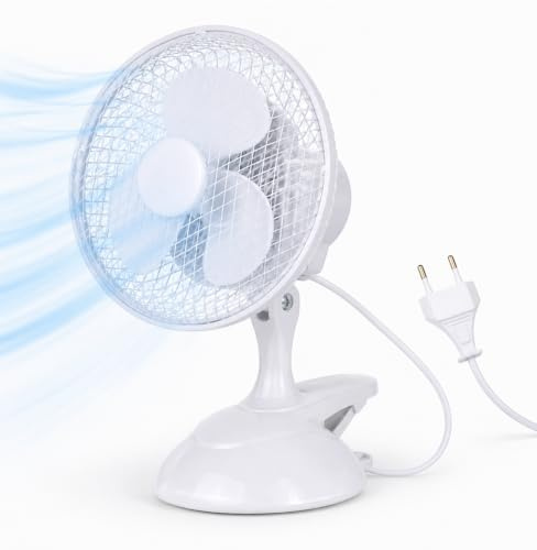 2 in 1 Tragbarer Tischventilator mit Ständer & Clip (20 cm) mit Schwenkfunktion – leiser Ventilator mit 3 Geschwindigkeitsstufen und 90° Oszillation – ideale Abkühlung (Ventilator mit Clip Ø 20 cm)