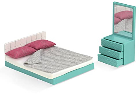 Lori - Ensemble de Chambres à Coucher douillettes - Meubles de Chambre pour Mini-poupées - Accessoires pour Maison de poupée Moderne - Lit et Coiffeuse - Jeu pour Enfants - 3 Ans et +