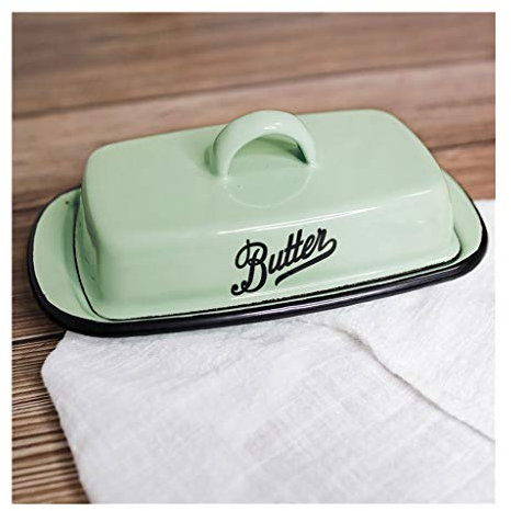 Beurrier Émail Beurrier, beurre maison Boîte fromage Boîte de rangement, Dessert Plateau avec couvercle, Cuisine traditionnelle Accessoires (blanc/vert) Butterdose (Color : Green)