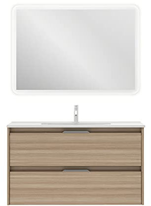 AMIZUVA | Conjunto de Mueble de Baño Suspendido Suki con 2 cajones | Anchura 100 cm | Incluye Lavabo Cerámico | Acabado en Nogal Arenado | Mueble Baño Lavabo | Mueble Bajo Lavabo| Armario Baño