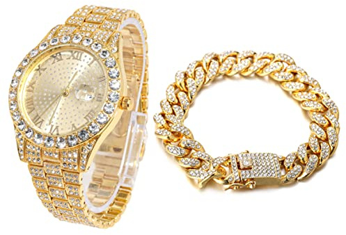 Halukakah Diamant Golduhr, Herren 18K Echt Vergoldet 42MM Breite Rund Wählen Quarz Armband 24cm mit Kubanischer Link Kette 20cm Armband Set, mit Geschenkbox