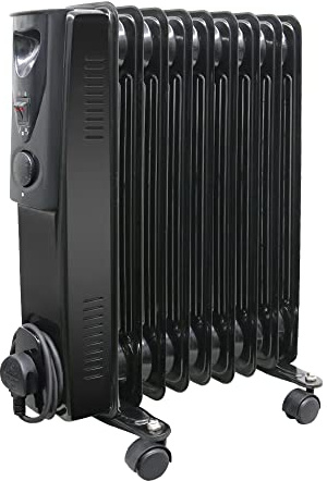 NRG Oil Filled Radiator 9 Fins Portable Electric Heater 2KW Black | with 3 Power Settings Adjustable Thermostat, Energy Efficiency