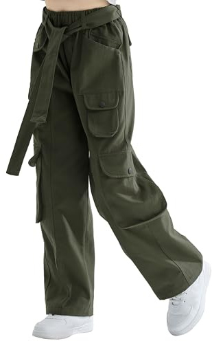 Rolanko Pantaloni Cargo Larghi per Ragazze, Pantaloni Streetwear Elasticizzati a Vita Alta e Gamba Larga con Tasche Multiple, Verde Esercito, Taglia: 170