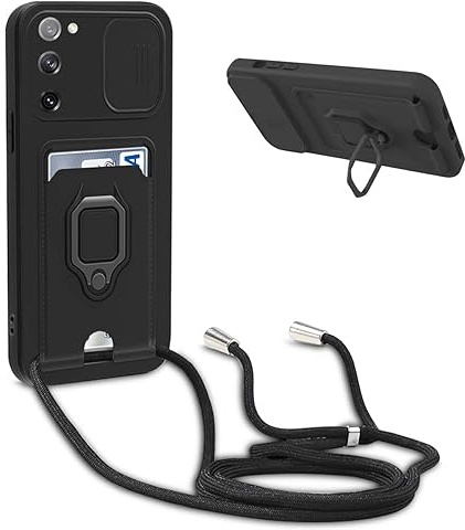 BGHHEU Handykette Schutzhülle kompatibel mit Samsung Galaxy S20 FE 5G Handyhülle mit Band,Schiebe Kameraschutz,360 Grad Ringhalter Stand,Kartenfach,Verstellbarer Halskette Silikon hülle - Schwarz