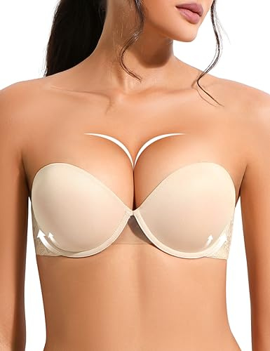 YANDW Soutien-gorge push-up sans bretelles Multiway Super rembourré Add 2 bonnets Soutien avec bretelles transparentes Armatures Dentelle Demi BHS, beige, 100B