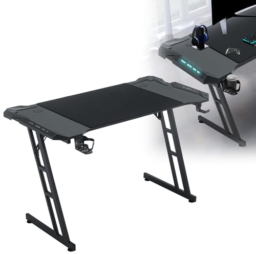 HENGMEI Gaming Tisch Gaming Schreibtisch Computertisch mit Getränkehalter, Kopfhörer Haken Z-Frame PC Schreibtisch Gaming Desk für zu Hause Büro Eckschreibtisch, 120 x 60 cm, Typ B mit LED