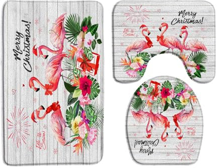 Badteppich-Set 3-Teilig Frohe Weihnachten Mit Rosa Flamingo Tropischen Palmenblättern Und Blumen Vintage Badezimmer Vorleger 3-Teiliges Weiches Wc Vorleger Set 3 Teilig Waschbar Badematte