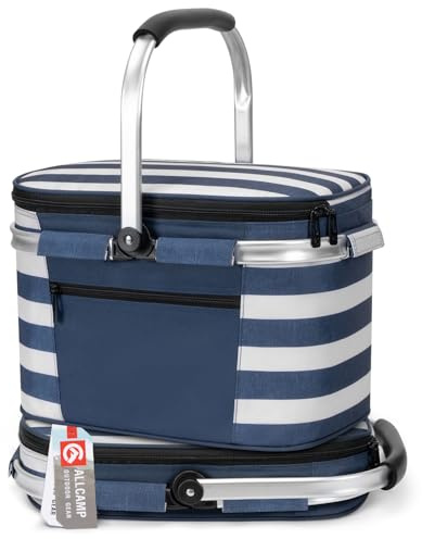 ALLCAMP Faltbar Isoliert Kühltasche - Einkaufskorb Thermo Mit Deckel, Abnehmbarer Picknickkorb 2 Personen, Aluminiumrahmen Kühlkorb, Verdicken Thermokorb Blau/Weiß