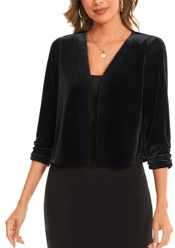 Kyzoeyou Womens Velvet Boleros Vintage Shrugs Sweater Retro Plain 3/4 Ruched Sleeve Cardigan Open Front V-Neck Front Lined Bolero Stylish Jacket (Black M)