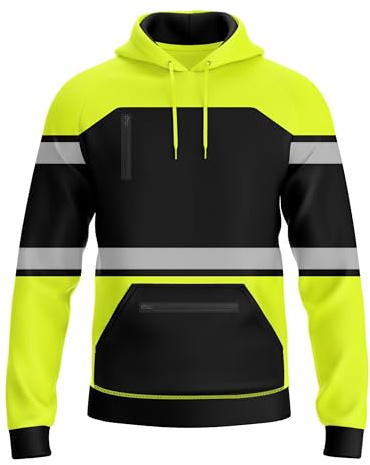 Sweat à capuche de travail pour homme TORO ACTIVA, haute visibilité, bandes réfléchissantes, avec cordon de serrage, multi-poches zippées, style pullover, Noir/jaune, M