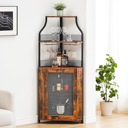 OPULENTHOME Weinschrank Eckschrank mit Arbeitstisch,Holz Weinschrank mit 5 Ablagefächer Und 2 Glashalterund Netztür für Küche, Wohnzimmer, Esszimmer(152X90x32cm,Retrobraun)