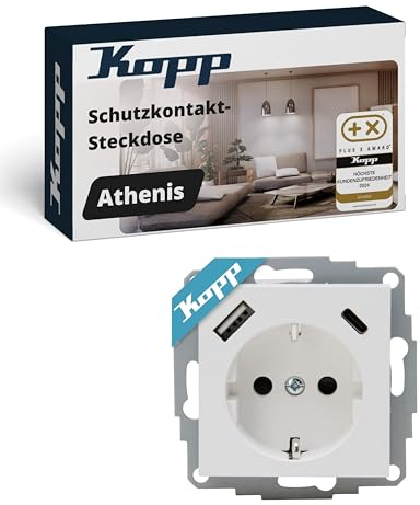 Kopp ATHENIS Unterputz-Steckdose mit USB A & USB C in Arktisweiß matt – Schutzkontakt-Steckdose mit integrierten Ladebuchsen – 16 A / 250 V~ IP20 – Steckklemmen & erhöhter Berührungsschutz