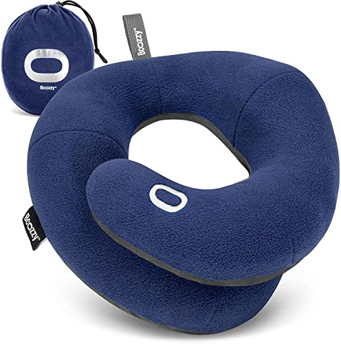 BCOZZY Travel Neck Pillow for Airplane – Patented Double Support for Head, Neck, and Chin. Best for Long Flights, Plane Sleeping & Car Rides. Adjustable Size. Fully Washable. Carry Bag. X-Large, Navy