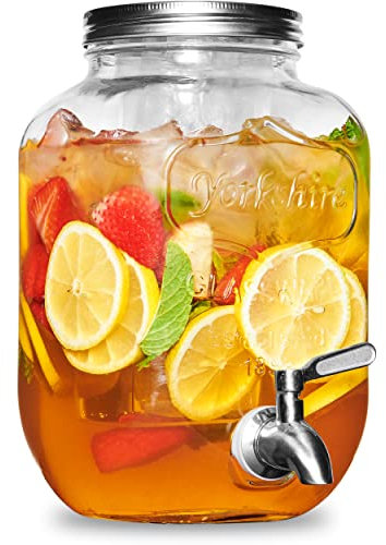 Glass Drink Dispenser with Stainless Steel Tap 3.7L - 100% Leak Proof Beverage Dispenser with Ice Core, Easy Filling Wide Mouth - Glass Jug Cocktail Accessories, Mason Jar Water Dispenser & Metal Lid