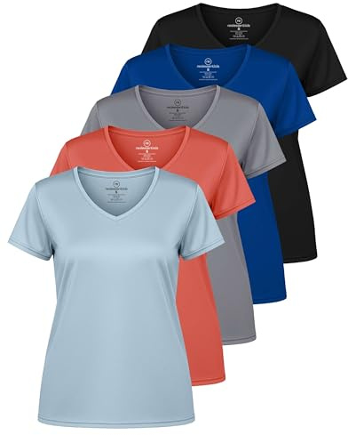 Real Essentials Ladies Dry Fit V Neck Camiseta Mujer (Pack de 5) | Disponible en tallas grandes, manga corta, absorbe la humedad, elástica, ropa deportiva para correr, senderismo, tenis