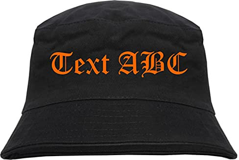 sostex Individueller Anglerhut - altdeutsch - schwarz - Bucket Hat - Fischerhut mit Wunschtext Bedruckt Druckfarbe: Orange XL