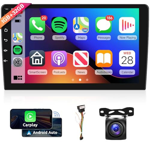 Hodozzy 32G Android Autoradio mit Wireless Carplay Android Auto 2 Din Radio Navi 9 Zoll Touchscreen Bildschirm Bluetooth/GPS Navigation/FM RDS Multimedia Player, WiFi/USB + Rückfahrkamera