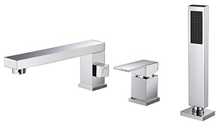 Badewanne Wasserhahn 3 Loch Wannenrandarmatur mit Ausziehbarem Handbrause 3 Loch Armatur für Badewanne Badewannenarmatur für Bad Badezimmer, Chrom