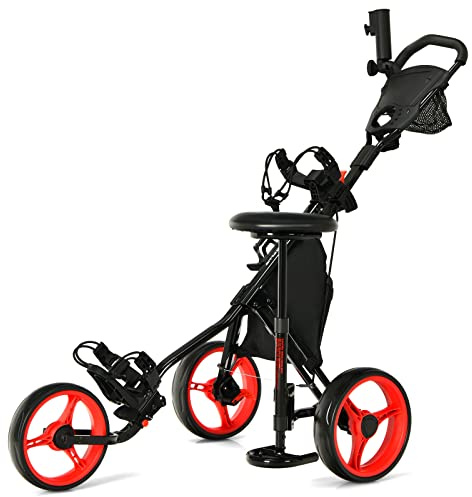 LIFEZEAL Carrito de Golf Plegable, Carrito de Golf con 3 Ruedas, Carro de Golf con Marcador y paragüero, Carrito metálico de Golf con Bolsa de Almacenamiento y Freno de pie (Rojo)