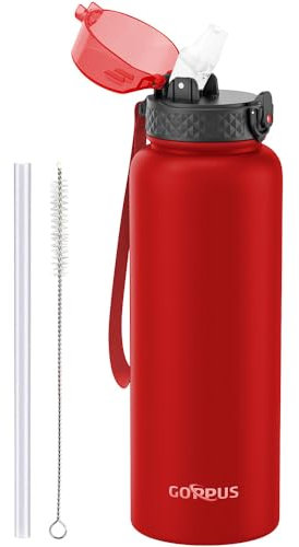 GOPPUS 1.2L/40oz Stainless Water Bottle with Straw Double Wall Insulated Bottles with Strap Large Vacuum Thermal Flask Leakproof Keep Cold Drinks Bottles with Flip Top Lid for Men Women BPA Free