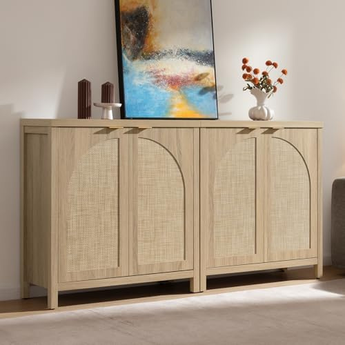 SICOTAS 68 W Rattan Sideboard Buffet Cabinet with Storage Set of 2, Mid Century Modern Credenza with Arch Doors & Shelves Boho Coffee Bar Media Console Cabinets for Kitchen, Living Room, Entryway