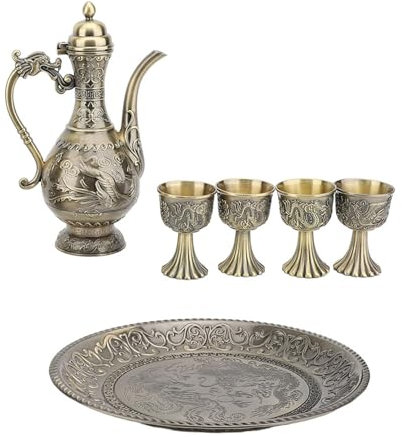 Coffee Pot Turkish Vintage Set pour 4, Y Compris Le Plateau, la Théière et Les Tasses en Métal Service de Thé en Métal pour Décor de Table à Thé, Ornements de Mariage (Bronze)