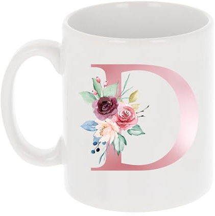 Tazza da caffè personalizzata con iniziale floreale, con monogramma e lettera dell'alfabeto D in oro rosa, regalo per lei, migliore amica, mamma, moglie, compleanno, matrimonio, festa della mamma