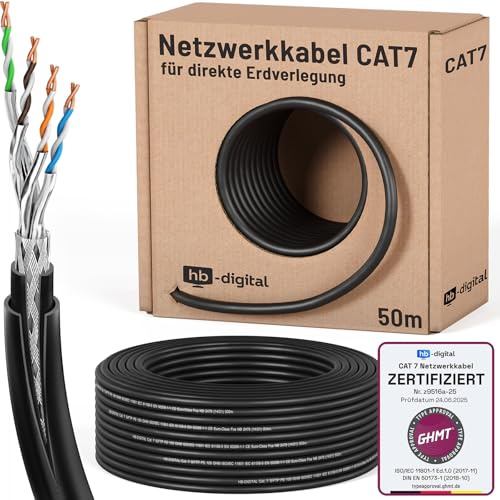 HB-DIGITAL Câble réseau d'extérieur CAT 7 de 50 m pour pose directe à la terre - Certifié -GHMT - S/FTP AWG23 - En cuivre pur - Double gaine PVC + LLDPE PoE 10 Gbit/s - Câble Ethernet pour l'extérieur