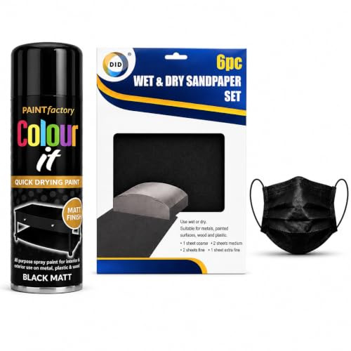 KVIOR Matt Black Spray Paint 400ml Spray Paint Black Kit Mask & Sandpaper | For Wood, Metal, Plastic, and Furniture, DIY Repairs, Bundled with Face Mask