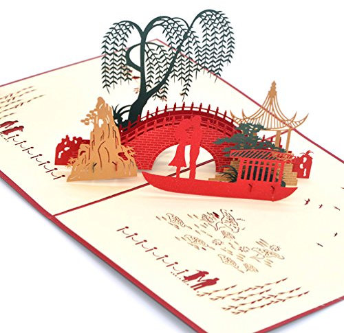 Medigy 3D POP UP Grußkarte Handgemacht Blume Korbp Kleine Brücke & fließendes Wasser Blanko-Karten Segen Papier Klappkarten Business Geschenkkarte Glückwunschkarten