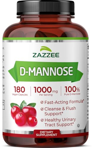 Zazzee D-Mannose, 1000 mg per Serving, 180 Vegan Capsules, 3 Month Supply, Potent & Fast-Acting, Certified Kosher, 100% Pure, All-Natural Urinary Tract Health Support, 100% Vegetarian, Non-GMO