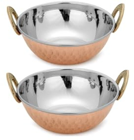 Zap Impex Indisk serveringsskål koppar hamrad rostfritt stål karahi för indisk curry serveringsfat 2-delat set, 13 cm diameter