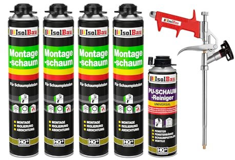Isolbau Bauschaum-Set - Inkl. 4 x 1K Montageschaum B2 Pistolenschaum mit hervorragender Schall und Wärmedämmung (je 750 ml), 1 x PU-Schaum-Reiniger (500 ml) & 1 x Schaumpistole, Dämmen