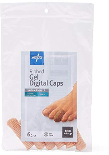 Medline Gel Ribbed Digital Toe Caps, Stretchable Fabric, Cushioning Support, Ingrown Toenails, Corns, Reusable, Large/XL, Pack of 6