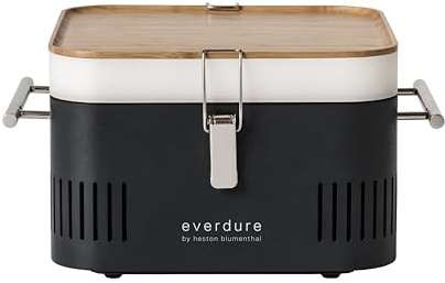 everdure by heston blumenthal Cube Kolgrill, mobil utomhusgrill, bärbar gourmetgrill med emaljerad grillskål, högkvalitativ campinggrill med förvaringsutrymme och skärbräda