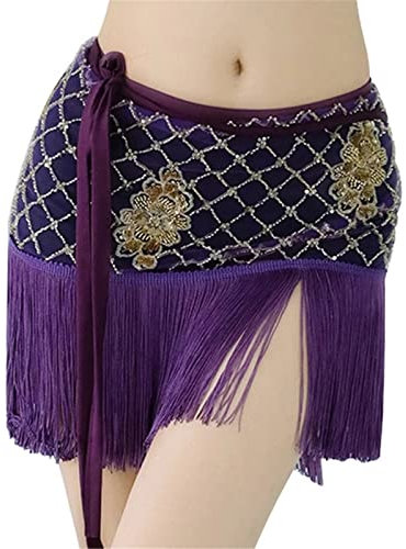 Bauchtanz-Hüfttuch für Mädchen, Kostümzubehör, Mesh-Basis, Pailletten, Quasten, Wraps, Halbkreis, Gürtel, Damen, Fransen, Hüfttuch mit Goldmünzen (Color : Purple, Size : One Size) (Lila Einheitsgröß
