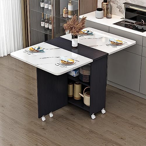 Klapptisch Esszimmertisch Beistelltisch Mobiler Tisch Klappbarer Küchentisch mit 6/8 Rollen und 2 Lagerregalen, Drop-Leaf-Tisch für Kleinen Platz, Platzsparender Esstisch für Küche, Wohnzimmer ( Color